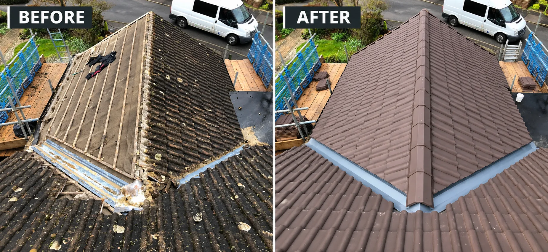 Roof renovation before and after, showing fresh tiling on an Irish home
