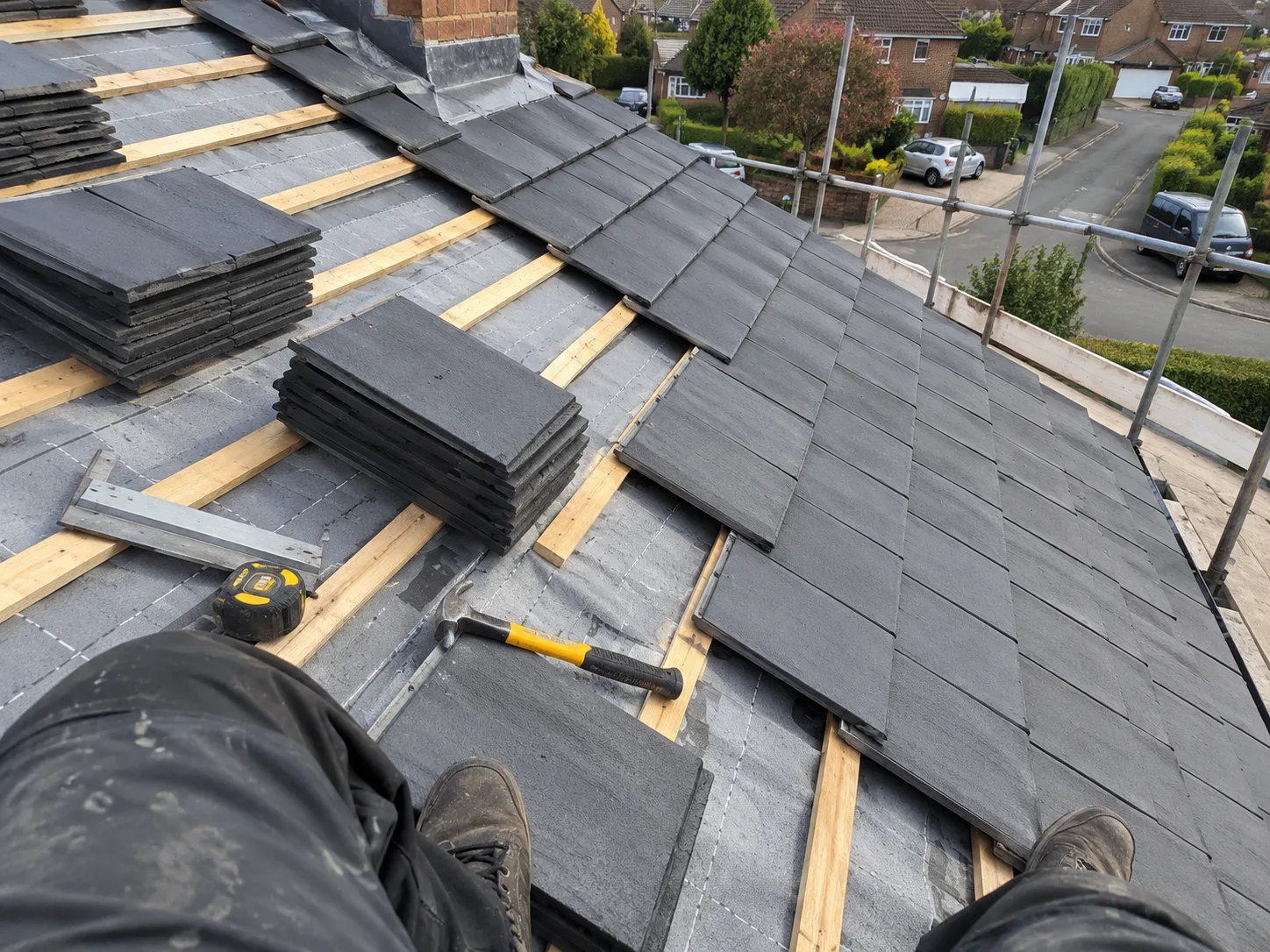 Roofer laying new slates on a pitched roof over a suburban area