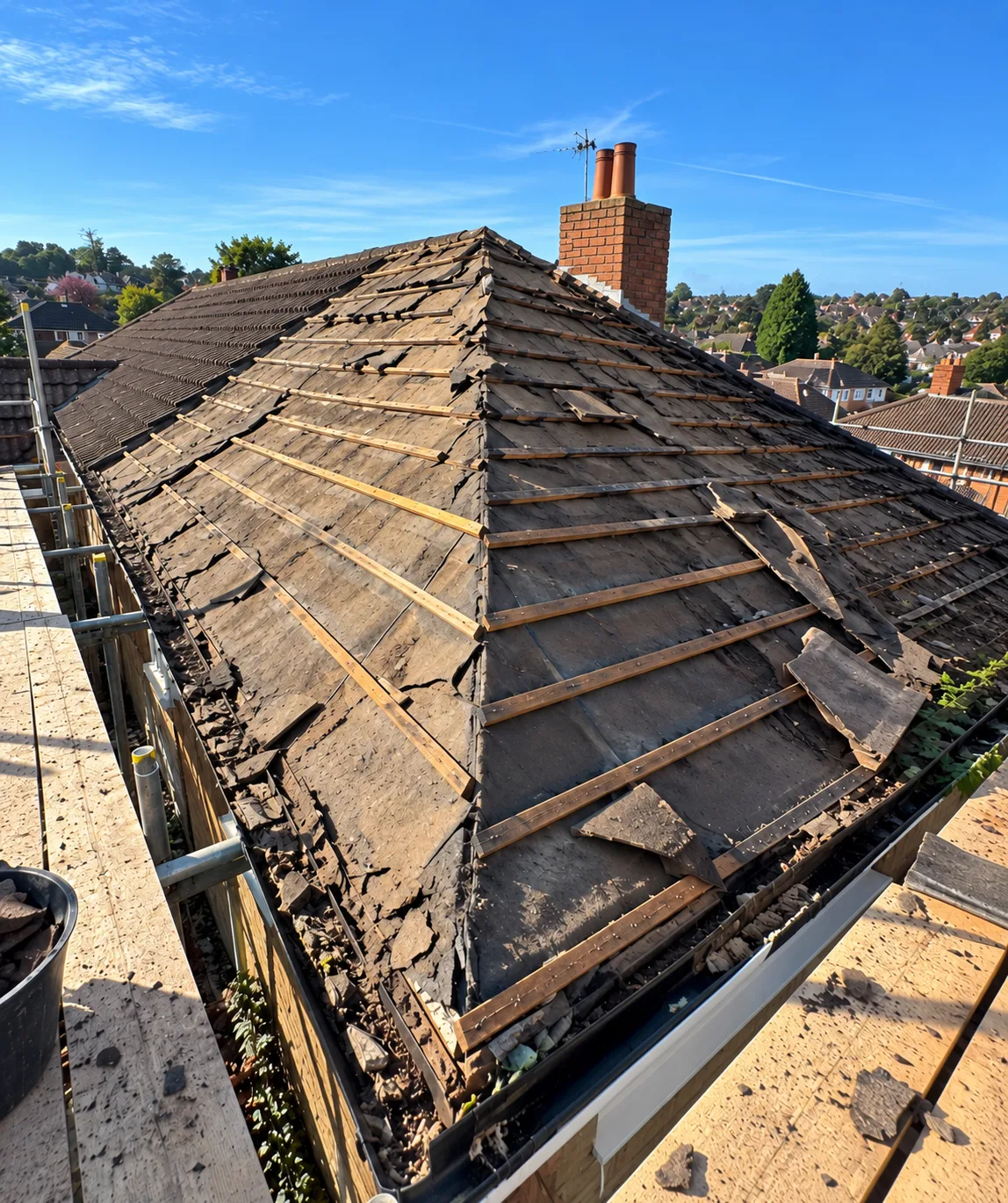Roofer on scaffolding completing a roof renovation on an Irish house on a sunny day